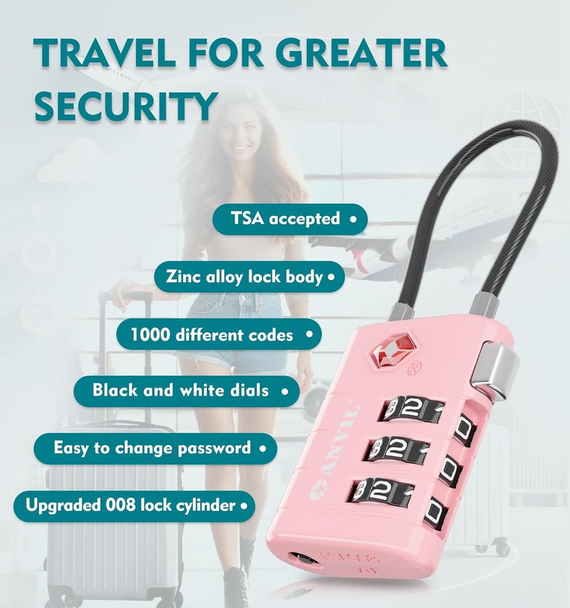 Anvil TSA Approved Luggage Locks – High Security TSA008 Combination Travel Locks with Inspection Indicator for Suitcases and Backpacks. (4 Colors) - Image 5